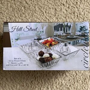 New Set of 4 Hill Street Pressed Clear Glass Square Bowls